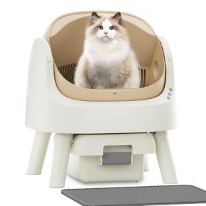 Automatic Litter Box, Self Cleaning Litter Box with Open Top Design, Integrated Safety Protection, Included Mat and Liner, Brown