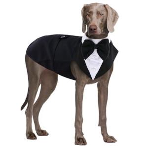QBLEEV Tuxedo for Large Dogs, Suit and Bandana Set, Wedding Outfit With Bow Tie, Formal Tux Costume for Halloween, Christmas, Birthday Party, Cosplay, Black 2XL
