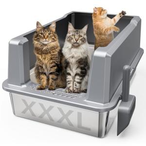 Suitfeel XXL Stainless Steel Cat Litter Box with Lid, Odorless XL Metal Box for Big Cats, Extra Large Kitty Litter Pan, Easy Clean Steel Box Anti-Leakage, Include Litter Scoop
