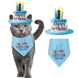 Cat Happy Birthday Cake Hat & Bandana Scarfs Set with Colorful Candles Blue, Cat Birthday Party Supplies Decorations