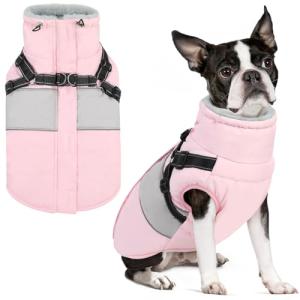 SUNFURA Small Dog Coat with Harness Built in, Warm Dog Jacket Winter with Zipper On Back, Waterproof Pet Snow Jacket Snowsuit Pet Sweater Clothes for Schnauzer, Yorkshire Terrier, Pink S