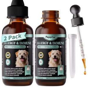 POPPAW Allergy & Immune Supplement for Dogs - Omega 3-6-9 Liquid Drops for Seasonal Allergy Support, Skin Itch Relief, Less Shedding, Coat Health - with Biotin, Turmeric - Chicken Flavor - 2 FL.OZ