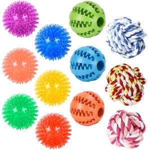 Koyukuk Dog Toy Balls for Small Dogs, 12 Pack Interactive Dog Toys for Small Breed 0-15 lbs, Includes Rubber, Squeak & Rope Balls