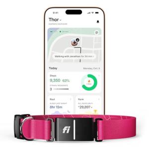 Fi New Series 3+ Smart Dog Collar - GPS Dog Tracker and Activity & New Fitness Monitor, Waterproof, LED Light, Escape Alerts, Nationwide Coverage [Free 6 Month Membership] (Pink, Large)
