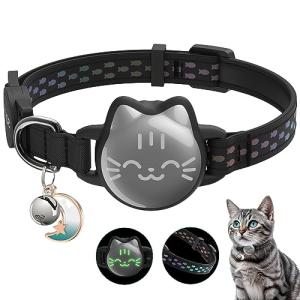 Waterproof Airtag Cat Collar, Breakaway Cat Airtag Collar with Luminous & Reflective Fish Pattern, Lightweight Kitten Collars for Apple Air tag, Hidden GPS Tracker Holder for Cats, Kittens(9-13")