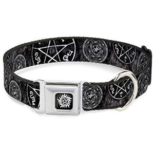 Buckle-Down Dog Collar Seatbelt Buckle Supernatural Devils Trap Pentagrams Grays Black White 1" Wide - Fits 11-16.5" Neck - Medium, DC-SB-SNA-WSN007-1.0-M