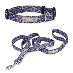Lucky Love Dog, Matching Dog Collar & Leash Set for Female Dogs, Soft, Adjustable, Safe for Training and Walking, Black & Purple Floral Print, Primrose Combo, XS