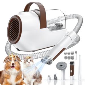 Dog Grooming Vacuum, Dog Grooming Kit with Pet Clipper Nail Grinder, 3 Suction Modes Dog Brush Vacuum with 6 Pet Grooming Tools (Coffee)