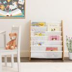 Humble Crew Kids Bookshelf 6-Tier Book Rack Organizer, Extra Large Toddler Bookcase with Fabric Storage Pockets, Front-Facing Display for Children’s Books, White/Natural Wood, Nursery/Playroom Storage