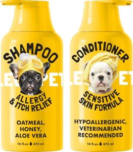 LEGITPET Oatmeal Dog Shampoo & Conditioner Itch & Allergy Relief with Honey & Aloe Hypoallergenic Gentle Calming Formula for Sensitive Skin & Dandruff Safe for Puppies Best for All Breeds 2 x 16oz