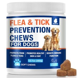Flea and Tick Prevention for Dogs Chewables, Natural Dog Flea and Tick Treatment, Oral Flea Pills for Dogs Puppy, Skin & Coat Support Supplement - 180 Soft Treat (Chicken Flavor)