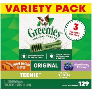 Greenies Teenie Dental Dog Treats 3-Flavor Variety Pack, (3) 12 oz. Pouches, 129 Total Treats