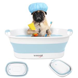 BREENHILL Collapsible Dog Bath Tub for Small Dogs & Cats, Portable Puppy Bath Tub with Water Drain Plug, Space Saving Foldable Pet Bathtub for Indoor & Outdoor Use, Blue