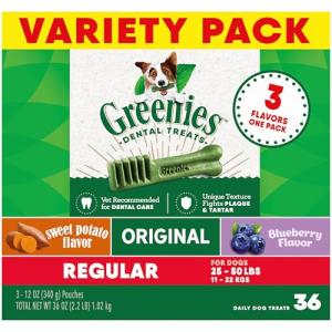 Greenies Regular Dental Dog Treats, 3-Flavor Variety Pack, (3) 12 oz. Pouches, 36 Total Treats