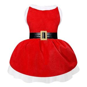 Dog Christmas Dress Santa Costumes: Puppy Girl Dresses Holiday Theme Doggie Xmas Apparel Party Skirts with Belt, Winter Warm Christmas Dog Clothes, Pet Cat Outfit (Red, M)