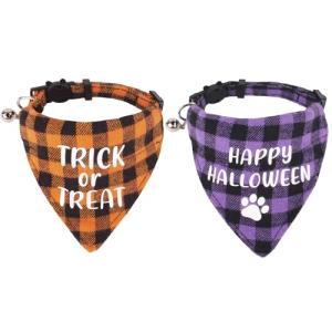 ADOGGYGO Halloween Cat Collars Breakaway with Bell, 2 Pack Adjustable Orange Purple Plaid Halloween Bandana Collars for Cats Kittens