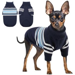 Queenmore Dog Striped Knitted Sweater, Turtleneck Pullover Pet Coat, Dog Winter Clothes with Leash Hole for Small Medium &Large Dogs(Navy Blue,XS)