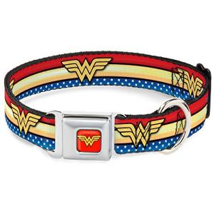 Dog Collar Seatbelt Buckle Wonder Woman Logo Stripe Stars Red Gold Blue White 11 to 17 Inches 1.0 Inch Wide
