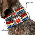 Dog Collar Seatbelt Buckle Wonder Woman Logo Stripe Stars Red Gold Blue White 11 to 17 Inches 1.0 Inch Wide
