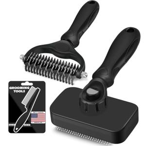 3PCS Self Cleaning Slicker Brush & Pet Grooming Rake & Flea Comb for Dogs,Cats and Horses | Double-Sided Dematting Comb & Skin Friendly Deshedding Grooming Tool | Premium Pet Supplies (Black)