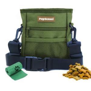 PupSensei Dog Treat Pouch, Durable Oxford Polyester, No-Spill Magnetic Closure, Treat Pouches for Pet Training with Metal Clip, Waist Belt, Adjustable Strap, Poop Bag Dispenser (Army Green)
