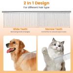 2Pcs Stainless Steel Dog Comb, Round Tooth Cat Comb with 2 Tooth Widths, Metal Combs for Removing Knots and Tangles, Grooming Tool for Long and Short Hair Pets, 7.5 IN Silver