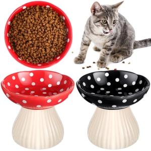 Teenyyou 2 Pcs Elevated Ceramic Cat Bowls Whisker Friendly Raised Cat Food and Water Dishes Wide Feeding Bowls for Flat Faced Kittens Raised Pet Dishes for Easy Feeding(Red Black)