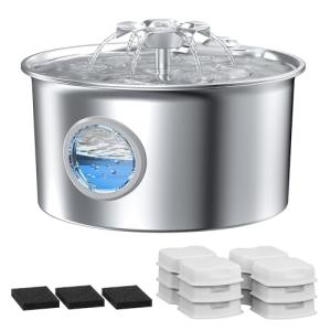 Cat Water Fountain Stainless Steel: 88oz/2.6L Pet Drinking Fountains with 6 Filters Water Bowl for Cats Inside with Flower Kitty Spout Dog Dispenser Animal Watering Supplies - Water Level Window