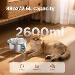 Cat Water Fountain Stainless Steel: 88oz/2.6L Pet Drinking Fountains with 6 Filters Water Bowl for Cats Inside with Flower Kitty Spout Dog Dispenser Animal Watering Supplies - Water Level Window