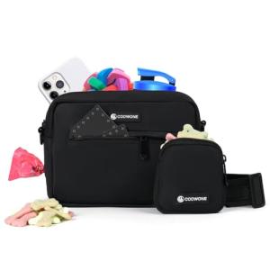 Waterproof Dog Walking Bag with Small Pouch and Treat Compartment, Built-in Poop Bag Dispenser (Black)