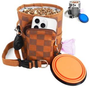 Dog Training Treat Pouch - Professional Waterproof Sling Bag & Fanny Pack | Magnetic 1-Hand Access, Phone Pocket | Includes Clicker, Collapsible Bowl & Poop Bag Dispenser (Brown Checkerboard)