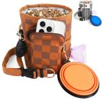 Dog Training Treat Pouch - Professional Waterproof Sling Bag & Fanny Pack | Magnetic 1-Hand Access, Phone Pocket | Includes Clicker, Collapsible Bowl & Poop Bag Dispenser (Brown Checkerboard)