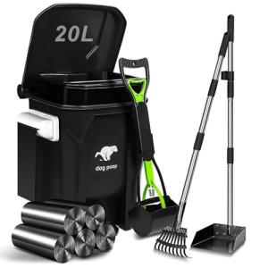 Uppcasir Dog Poop Trash Can Outside with Pooper Scooper and Metal Rake & Tray, 20L/5Gal Dog Waste Trash Can with Lid, Pedal and Removable Inner Waste Bin, Pet Poop Bin with 100 Bags