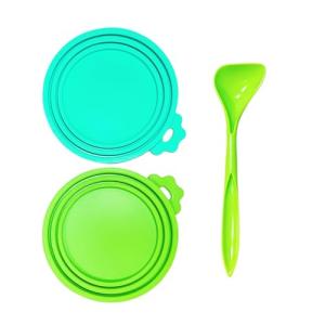 MoPawKT- Silicone Cat Dog Food Can Covers Lids, 3 Inner Diameters 2.6”/3”/3.4” Fit 3-15 oz Standard Cat Dog Food Cans/Tins, Multi-Size Canned Covers, BPA Free, Reusable(box set of 2 lids+1 spoon)