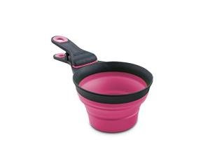 Dexas Popware for Pets Collapsible Klip Scoop, 3 in 1 Design Convenient Measuring Cup, Food Scooper and Bag Clip, ½ Capacity Pet Food Scoop, Versatile Food Measuring Cups Portion Control Gray/Pink
