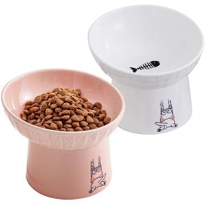 OMAYKEY 6.5 Inch Extra Wide Ceramic Raised Cat Bowls, Porcelain Tilted Elevated Cat Food Water Bowl Dish, Stress Free Pet Feeder Dishes for Cats & Small Dogs, Whisker Fatigue, White & Pink