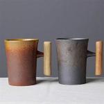 Japanese Vintage Ceramic Coffee Mug with Wood Handle