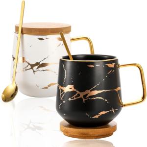 Marble Coffee Mug Set with Lids and Spoons
