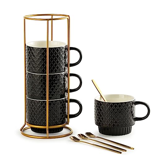Set of 4 Stackable Coffee Mugs with Holder