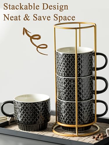 Set of 4 Stackable Coffee Mugs with Holder