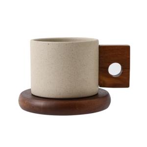 Ceramic Coffee Mug with Wooden Saucer Set