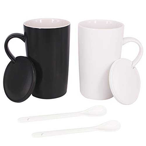 Set of 2 Ceramic Coffee Mugs with Lid and Spoon