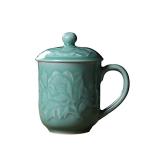 Sky Blue Peony Embossed Coffee Mug with Lid