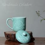 Sky Blue Peony Embossed Coffee Mug with Lid