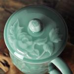 Sky Blue Peony Embossed Coffee Mug with Lid