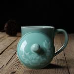 Sky Blue Peony Embossed Coffee Mug with Lid