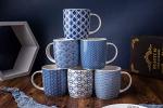 Set of 6 Blue and White Geometric Mugs
