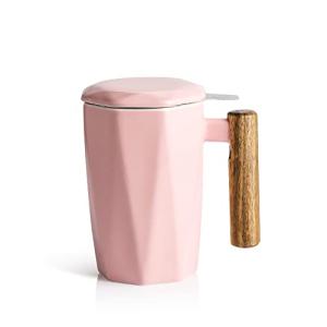 Pink Ceramic Tea Infuser Cup with Wooden Handle