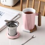 Pink Ceramic Tea Infuser Cup with Wooden Handle