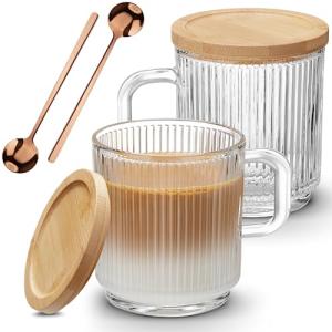 2 Pack Clear Glass Coffee Mugs with Spoons